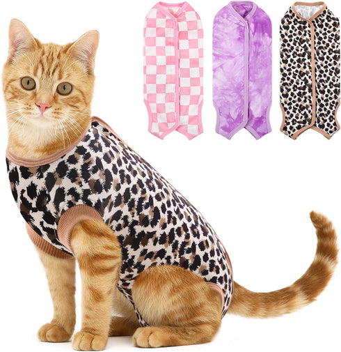 SAWMONG Cat Recovery Suit After Surgery Recovery Shirt Breathable E-Collar Alternative Non-Lick Pet Body Suit,Brow Leopard L...