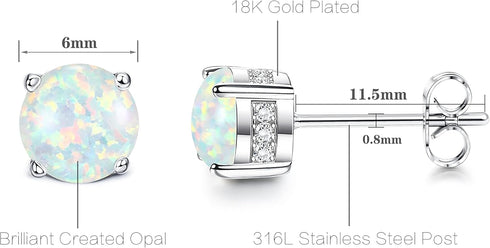 Milacolato Opal Earrings 18K Gold Plated Stainless Steel Post Round Cut Created White/Blue/Pink Opal Stud Earrings for Women 6MM...