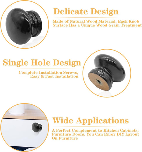 16PCS Wood Black Drawer Knobs, 1-3/8 Inch Mushroom Shape Wooden Cabinet Furniture Knobs Pulls Handles for Home Office Wardrobe Dresser Storage Cup...