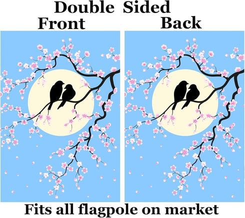 Spring Two Couple Birds Bloom Flowers Branch Full Moon Summer Seasonal Garden Yard Flag 12"x 18" Double Sided Polyester Welcome House Flag Banners...