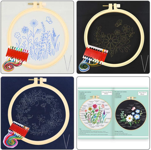 Caydo 3 Sets Cross Stitch Kits forBeginners, Adults Including Embroidery Fabric with Floral Pattern, Embroidery Hoop, Thread and Tools...