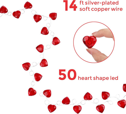 Luditek 50 LED Diamond Cut Red Heart Twinkle Fairy String Lights for Valentines Weddings Dating Garland Indoor Outdoor Home Decorations, 8 Lightin...