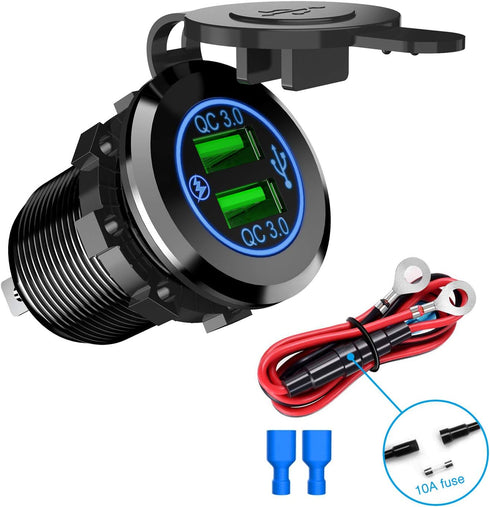 Nilight - 90103A Dual USB Port QC 3.0 Fast Charging Hubs USB Charger Socket Power Outlet 2.1A & 2.1A x2 for Car Boat Marine RV Mobile with Wire Fu...