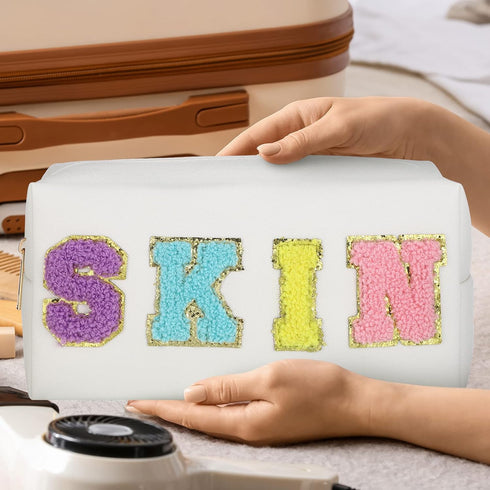 4 Pcs Large Chenille Letter Patch Makeup Bag Skin Stuff Hair Face Bag Preppy Patch Makeup Cosmetic Bag Toiletry Zipper for Women Teen Girl(Light C...