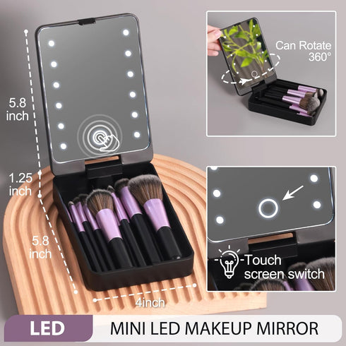 Travel Makeup Brush Set with LED Mirror, Professional and Mini Makeup Brushes Set 14Pcs, Eye Shadows Makeup Set Storage Box (Purplish Black)...