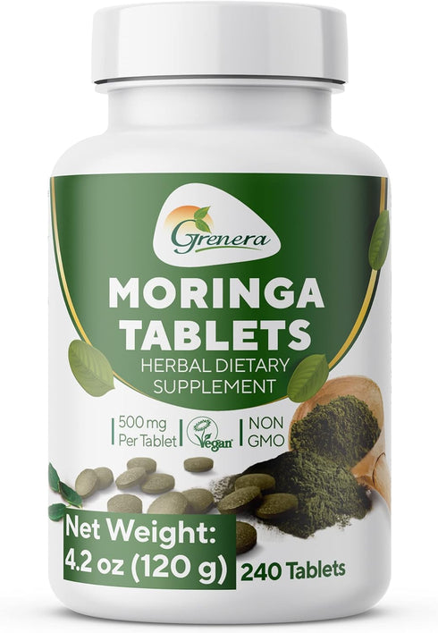 Grenera Moringa Tablets 240 nos, Uncoated Malunggay Herbal Supplement, No Chemical Coating, Green Superfood, Lab Tested for Purity...