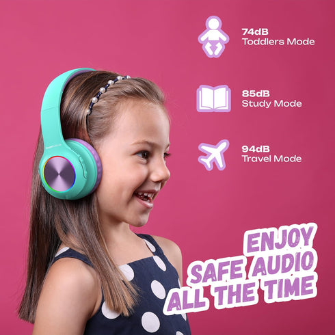 PowerLocus PLED Kids Bluetooth Headphones, Kids Wireless Headphones with LED Lights, 74/85/94dB Safe Volume, Micro SD, AUX Cable, Hi-Fi Stereo, Bu...