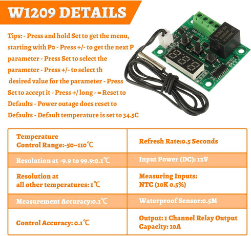 W1209 12V DC Digital Temperature Controller Board Micro Digital Thermostat -50-110°C Electronic Temperature Temp Control Module Switch with Waterp...
