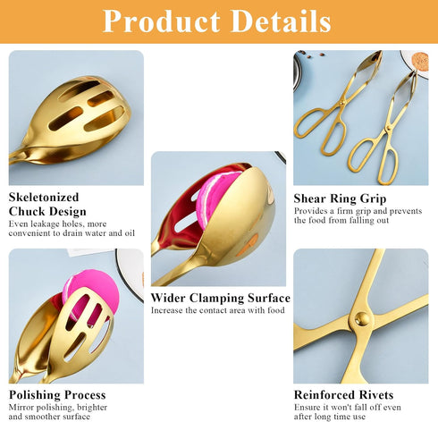 2 Pack Gold Salad Tongs,10 Inch Stainless Steel Kitchen Tongs for Serving Food, Kitchen Scissor Tongs for Cooking Buffet Catering Bread Pastry Des...