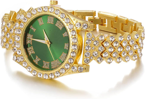 Halukakah Diamonds Gold Watch Iced Out,Women's 18K Real Gold/Platinum White Gold Plated 36MM Width Green/Blue/Red Dial Quartz Wristband 8" with Cu...
