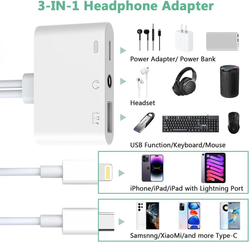 Lightning + USB C to Aux Audio Headphone Jack Adapter,Multi USB OTG Camera Adapter+3.5mm Earphone Jack+Type-C Earphone/Charge Port,Phone Splitter ...