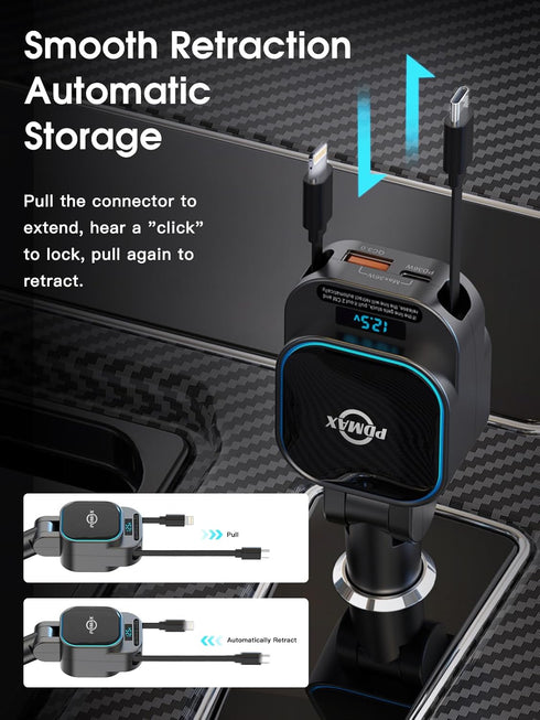 4-in-1 Retractable Car Charger - 96W Fast Car Phone Charger with Dual Retractable Cables (USB-C & iOS) and USB Ports, Compatible with iPhone 15/14...