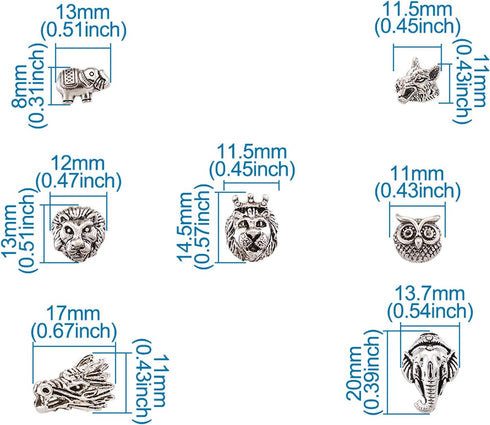 Fashewelry 48pcs Animal Tibetan Loose Spacer Beads Mixed Wolf Lion Owl Elephant Leopard Dragon Head Alloy Beads for Necklace Bracelet Earring Craf...