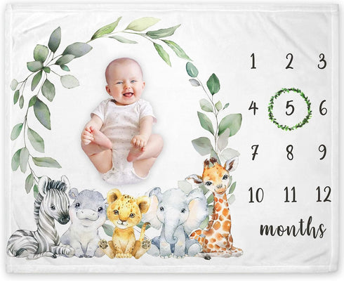Safari Milestone Blanket, Jungle Wild Animals Baby Growth Chart Monthly Blanket, Watch Me Grow Jungle Safari Baby Nursery for New Moms Baby Shower...