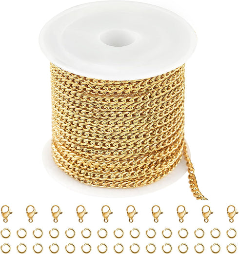 Jabogrii 16.4 Feet Gold Stainless Steel Chain for Jewelry Making Oval Curb Cuban Jewelry Making Chains with Lobster Clasps and Open Jump Rings...