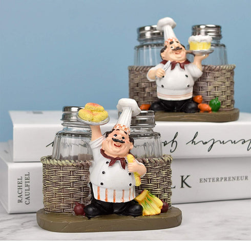Salt and Pepper Shakers Set,Sitting Chef Decorative Statue Spice Organizer,Glass Spice Jars with Holder Figurine Gift for Family,Kitchen,Restauran...