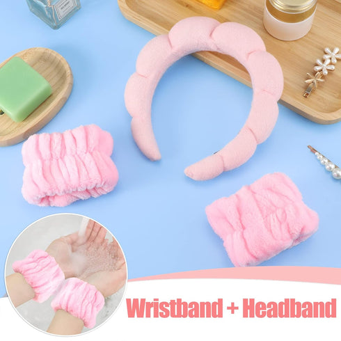Sponge Spa Headband for Women, Makeup Headband and Wrist Washband Set Pink Skincare Facial Headband for Face Washing, Mother's Day, Teen Girl Gift...