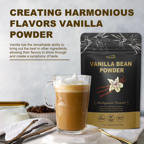 TALCUFON Madagascar Ground Vanilla Bean Powder, 100% Ground Vanilla Beans, No Fillers and Additives, Gluten Free, Non-GMO Great for Coffee, Baking...