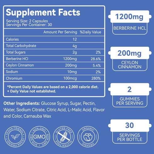 Berberine Supplement Gummies (1200mg) with Ceylon Cinnamon, Metabolism and Energy Support, Gluten Free, Vegan, Chewable Supplement -120 Gummies...