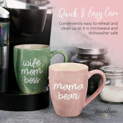 Pavilion Large Ceramic Coffee Mug with "Mama Bear" Text Design, Microwave & Dishwasher Compatible, Tall Coffee or Tea Cups for Moms with Handle, I...