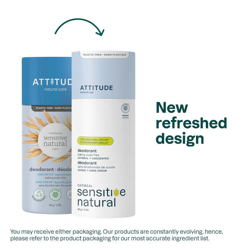 ATTITUDE Baking Soda Free Deodorant for Sensitive Skin with Oatmeal, EWG Verified, Aluminum Free, Plastic-Free, Unscented, 3 Ounces...
