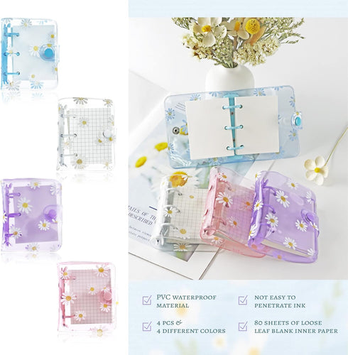 4 Sets Mini Transparent 3 Ring Binder Covers with Daisy Pattern Binder Inner Paper and Pockets Clear Soft PVC Notebook Loose Leaf Binder with Snap...