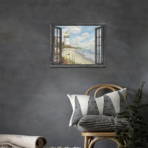 Lighthouse Nautical Wall Art Coastal Beach Pictures Canvas Prints Ocean Decorations Painting Framed Window Seascape Artwork Gifts Office Home Deco...