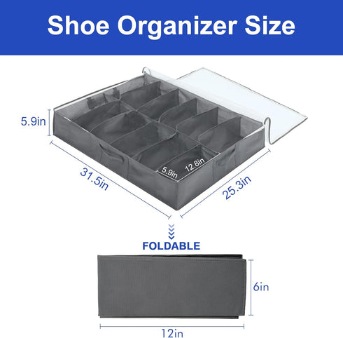 Surblue Under Bed Shoe Storage Organizer Underbed Shoes Closet Storage Solution 2 Metal zippers and 3 Handles with Clear Cover for Men's and Women...