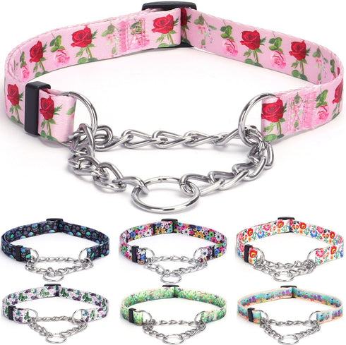 Martingale Collar, Training Dog Collar, Stainless Steel Chain Pet Collar for No Pull Dog Walking Flowers Design Large Medium Small Dogs (XL, Roses...