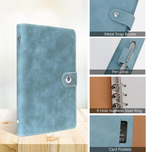 FYY Leather A6 Binder 6 Ring Binder Notebook - Refillable Notebook A6 Planner Binder with Binder Pockets, A6 Dividers, A6 Refill Paper, PU Leather...