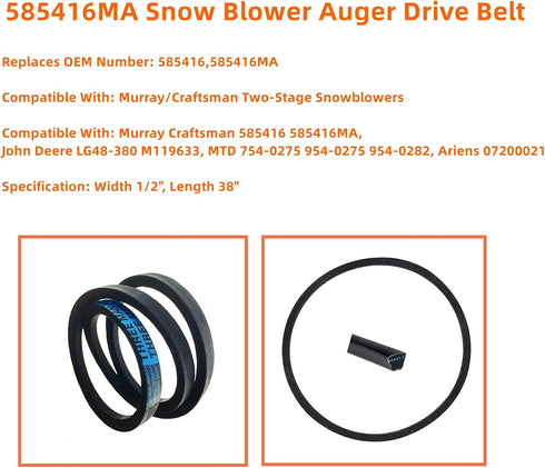 585416MA 585416 Snow Blower Auger Drive Belt for Craftsman Murray MTD Snow Thrower (1/2" X 38")...