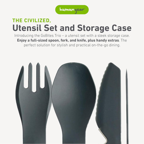humangear GoBites Trio - Travel & Camping Utensils - Portable & Convertible Dining Ware - Multi-Functional Knife, Fork, Spoon & Toothpick, Gray...