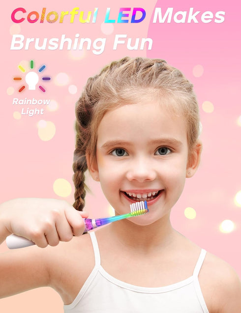 SEAGO Kids Electric Toothbrush with 2 Mins Brushing Timer and 8 Replacement Bursh Heads,Rainbow LED Light Make Brushing Fun, Pink Color Girls Batt...