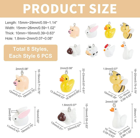PandaHall 48Pcs 8 Style Resin Charms Cute Animal Pendant Kit Mini Pig Duck Bee Cygnet Chick Rabbit Sheep Calf Findings Charm DIY Farm Theme Pendan...