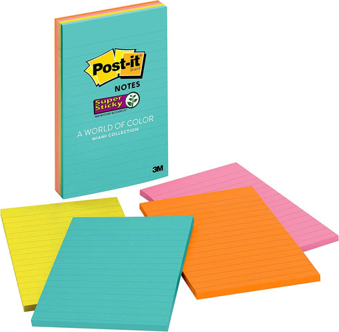 Post-it Super Sticky Lined Notes, 4 Sticky Note Pads, 4 x 6 in., School Supplies, Office Products, Sticky Notes for Vertical Surfaces, Monitors, W...