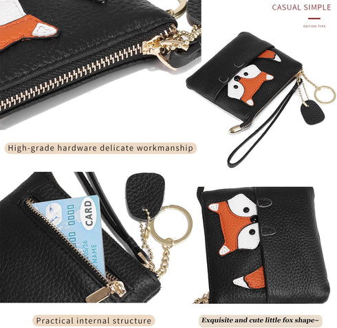 Genuine Leather Coin Purse Pouch Change Wallet for Women,Fox Pattern Leather Coin Purse Keychain Change Pouch Wallet With Wrist Strap (Black)...