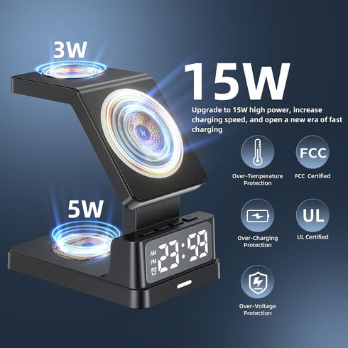 4-in-1 15W Fast Wireless Charger Station with Clock - Compatible with iPhone 15/14/13/12 Pro Max, Apple Watch, and AirPods Pro/2/3 - Includes Alar...