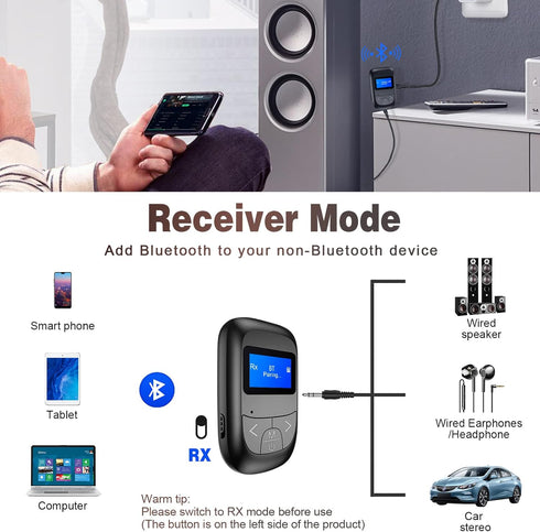 Bluetooth 5.0 Transmitter Receiver for TV - Tensun Visible 3.5mm Wireless Audio Adapter with LED Display Screen, Volume Control 2-in-1 Aux Stereo ...