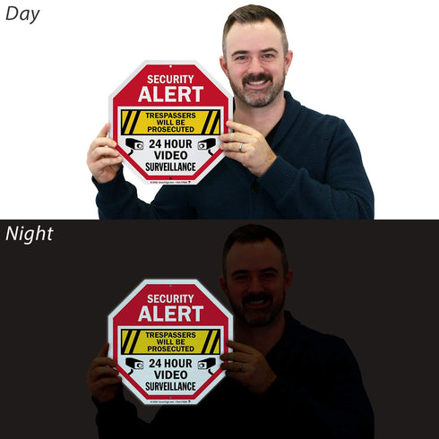 SmartSign Security Alert Sign - Trespassers Will Be Prosecuted, Video Surveillance 24 Hour Sign | 10x10 Octagon Metal, Reflective Aluminum, Outdoo...