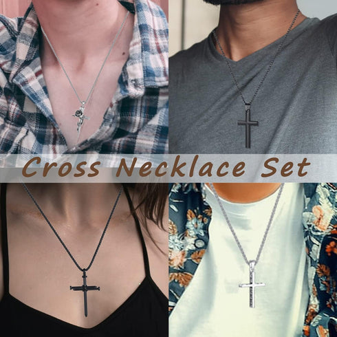 MAIBAOTA 8 Pcs Necklace for Men, Mens Necklaces Jewelry Set, Black and Silver Stainless Steel Necklace, Cross Pendant Necklace, 16-24 inches Chain...