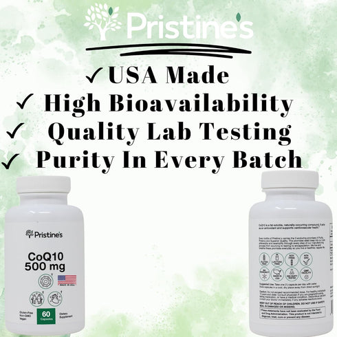PRISTINE'S CoQ10 500MG Energy Production Support Supplement Capsules - 30 Day Supply Heart Health Supplement - Lung Health & Migraine Support Anti...