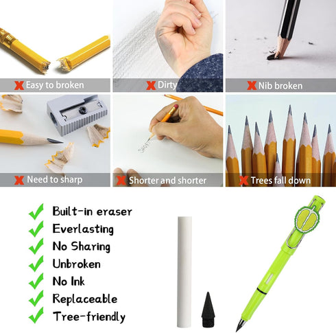10PCS Infinity Pencils, Everlasting Inkless Pencil with Eraser, Cute Forever Pencil with 10PCS Replacement Nibs,Unlimited Writing Eternal Pencils ...