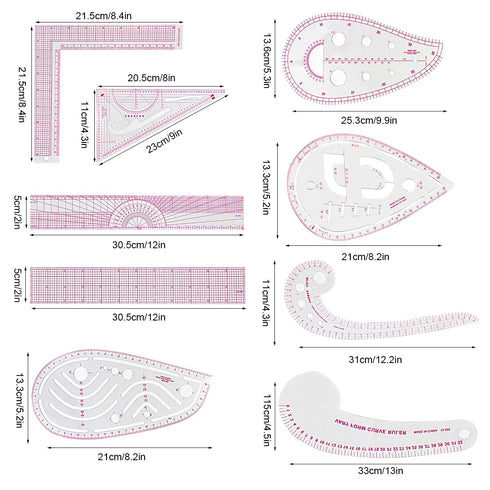 9 Styles Clear Metric Sewing Ruler Set, Plastic Sew French Curve Ruler for Designers, Pattern Maker, Sewing Templates...