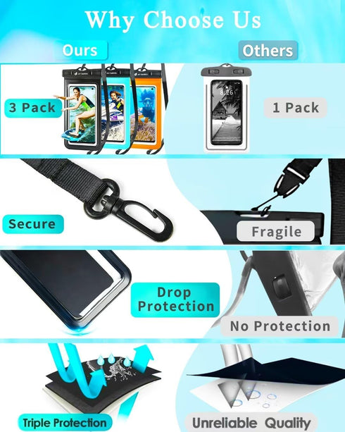 Universal Waterproof Phone Pouch 3 Pack, IPX8 Phone Water Protector Pouch Case Bag Lanyard Compatible iPhone 14 13 12 Pro Max Samsung Galaxy S22, ...