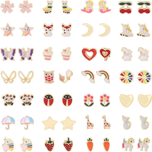 28 Pairs Clip On Earrings Non Piercing Earrings Hypoallergenic Animal Butterfly Rainbow Flower Mixed Color Painless Non-Piercing Earrings Pack...
