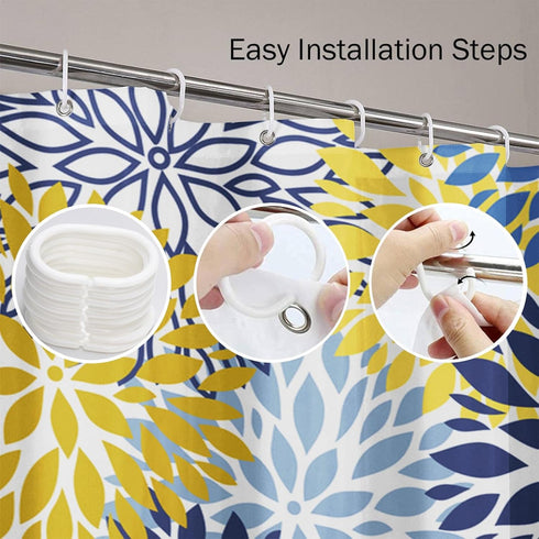 Shower Curtain Green Spring Flower Blue Yellow and Navy Chrysanthemum Brown Waterproof Polyester Fabric Bathroom 72 x 72 Inches Set with Hooks...