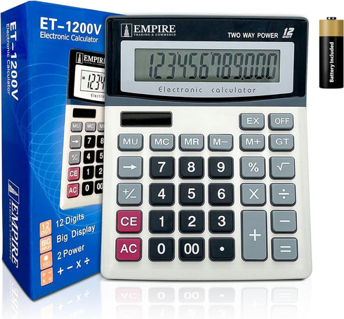 Empire Desk Calculator with Large Key Buttons, 12 Digits, Large Eye-Angled Display, Solar and Battery Powered for Home and Office (Battery Include...