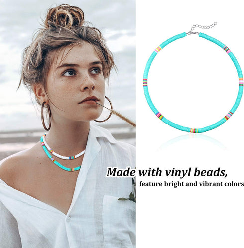 Hicarer 6 Pieces Seed Bead Choker Necklace Bohemian Surfer Boho Beads Choker Necklace Colorful Heishi Vinyl Necklace Chain Beach Jewelry for Women...