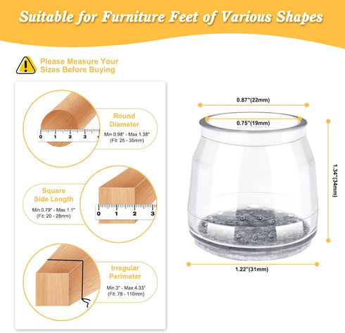 Chair Leg Floor Protectors, 16 Pcs Silicone Felt Bottom Furniture Pads for Hardwood Floors, Large Rubber Chair Table Legs Caps Covers Chair Slider...