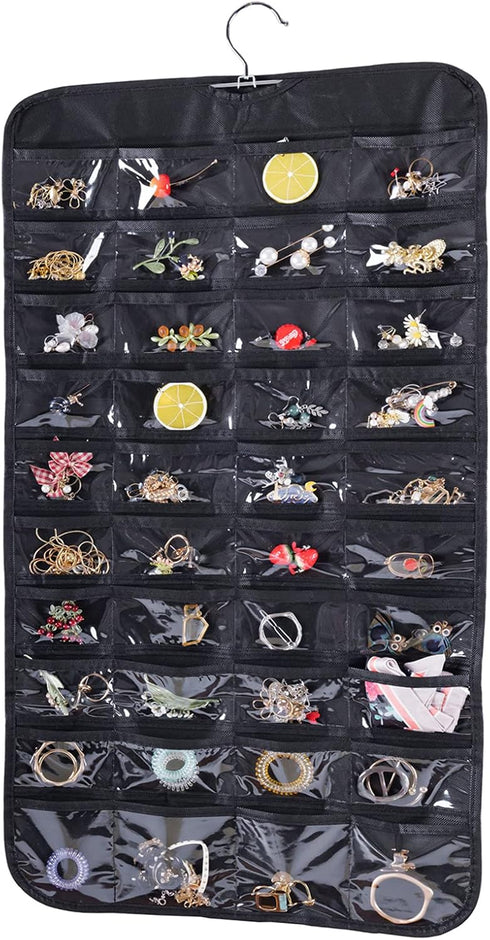 Cemueo Hanging Jewelry Organizer, Double Sided 80 Pocket Jewelry Chain Storage Bag 2 Layer of Fabric Jewelry Organizer Holder for Necklace Bracele...